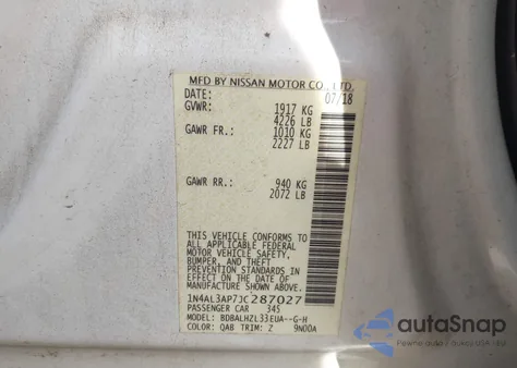 2018 Nissan Altima 2.5 Sr z USA, uszkodzony, nr VIN 1N4AL3AP7JC287027